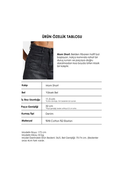 Itsbasic Kadın Koyu Füme 2s6-1 Mom Fit Önden Cepli Denim Şort