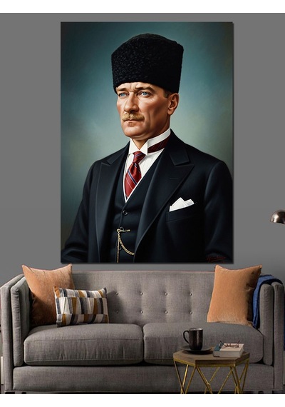 Ahşap Tablo Kalpak Başlıklı Siyah Takım Elbiseli Atatürk Portresi