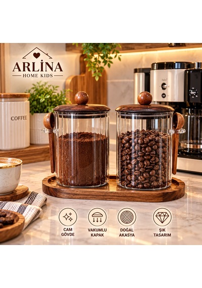 İkili 1000 Ml Akasya Kapaklı Kaşıklı Akasya Standlı Cam Kavanoz Seti Haki