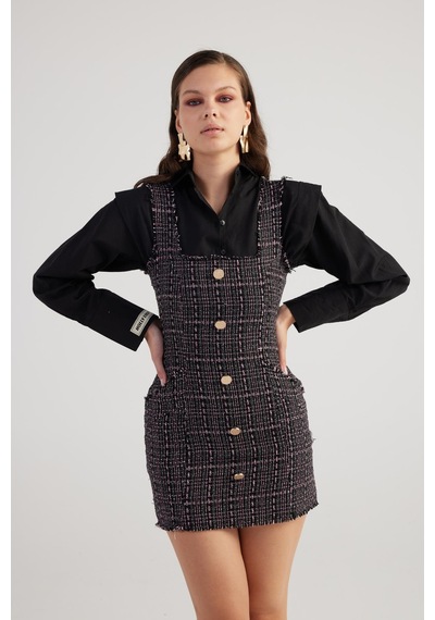 Holly Lolly Metal Düğme Detaylı Mini Tweed Elbise Siyah