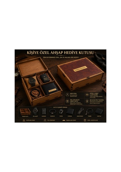 Kk Swords Kişiye Özel İsim Soyisimli Ahşap Hediye Kutusu Saat, Cüzdan, Çakmak, Bileklik Erkek Hediye Kutusu