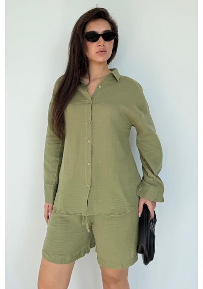 Seeh Haki Basic Müslin Şort Gömlek Takım Sh230