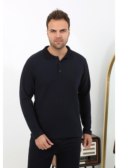 Akbeniz Erkek Polo Yaka Uzun Kol Penye Pijama Takımı 6862 Lacivert Lacivert