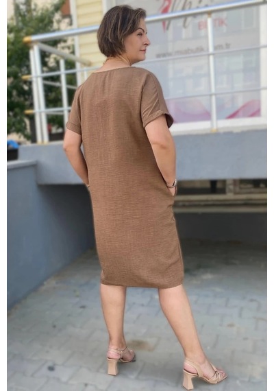 Mia Butik Büyük Beden Kahve Kolye Hediyeli Salaş Elbise Kahve
