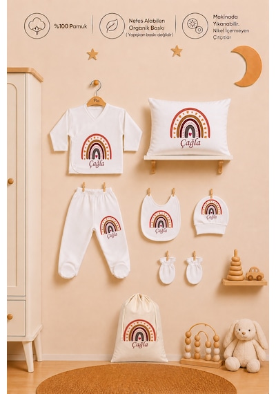 Pia Baby Kız Bebek Hastane Çıkışı 8 Parça %100 Pamuk İsimli Organik Baskılı Kese Hediye Zıbın Seti 1002zybk3x Krem