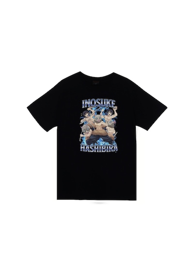 Demon Slayer Inosuke Hashibira Anime Baskılı Unisex %100 Pamuk Siyah T-shirt SIYAH