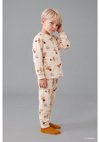 Defacto Uzun Kollu Bisiklet Yaka Üst Jogger Alt Hayvan Baskılı 2li Pijama Takımı Erkek Bebek H6537a526aubg734 Bej-bg734