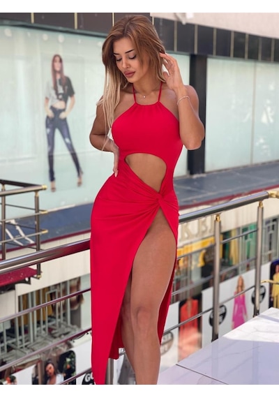 Pink Life Kırmızı Derin Yırtmaçlı Göğüs Dekolteli Mikro Kumaş Midi Elbise Kırmızı