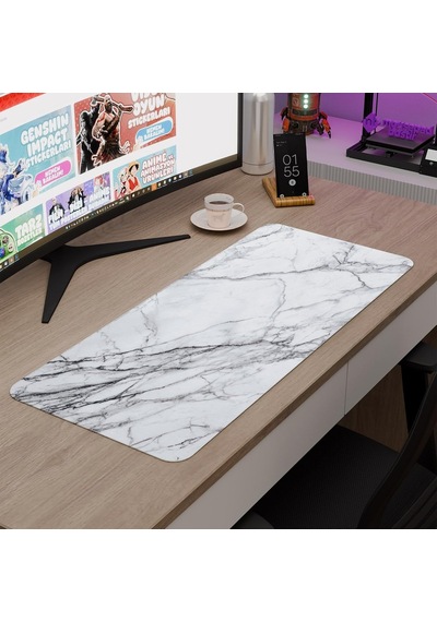 Tr Beyaz Mermer Desenli Oyuncu Gaming Mouse Pad Kauçuk Kaymaz Taban Mousepad V3, 70x30 Xl