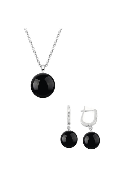 Gümüş Yuvarlak Model Kolye Küpe Siyah Oniks Taşlı Set 8 Mm