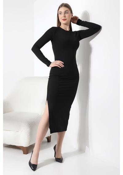Gugus Trend Kadın Siyah Hailey Uzun Kollu Maxi Elbise Yırtmaçlı Model Ssiyah