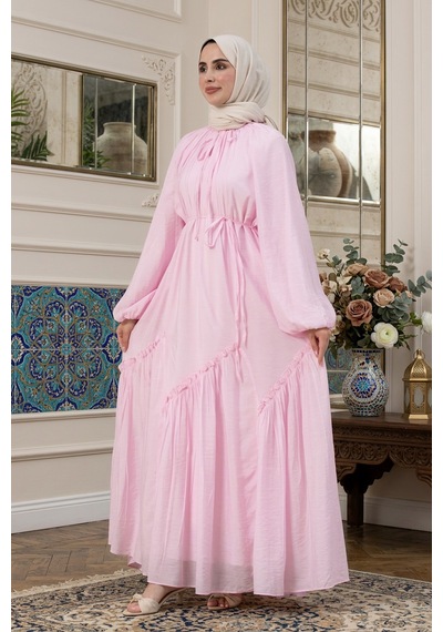 Sevitli Eteği Büzgü Detaylı Mira Tesettür Elbise-pembe-5736