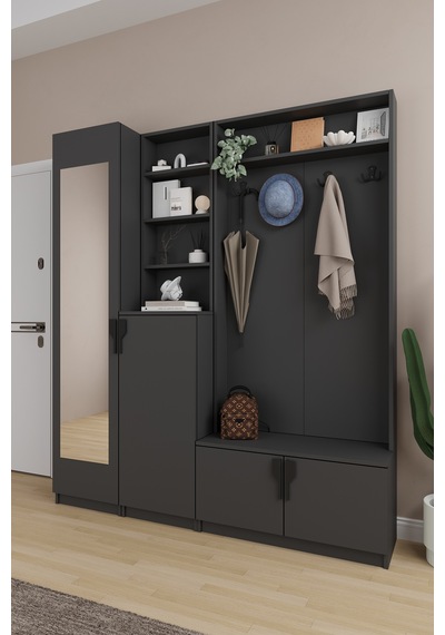 Lüks Aynalı Portmanto Askılı Vestiyer %100 Mdf Çok Raflı Ayakkabılık V03 Antrasit