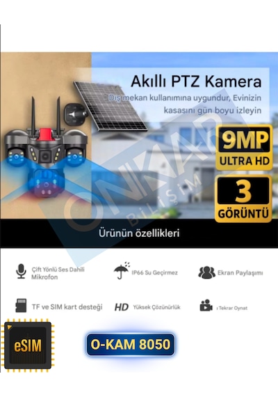 O-kam 8050 9mp Lens 3 Kamera 4g Esim Destekli Solar Güneş Enerjili Akıllı Güvenlik Kamerası