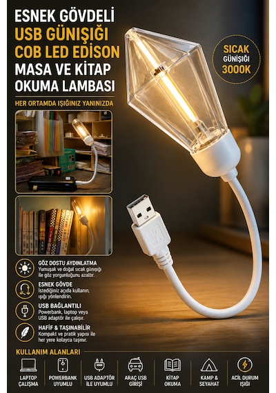 Usb Led Kitap Okuma Lambası Esnek Usb Masa Lambası Laptop Powerbank Uyumlu Günışığı Hafif Lamba Beyaz