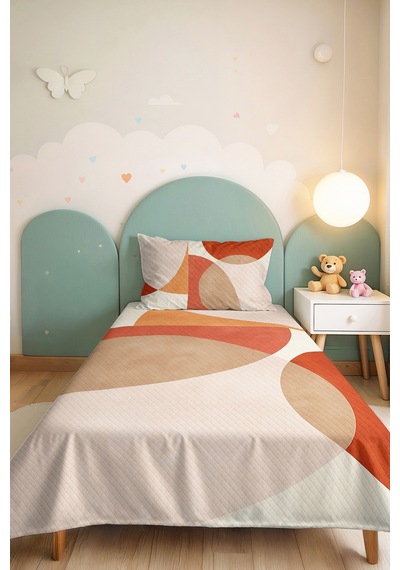 Turuncu Geometrik Genç Odası Tek Kişilik Pike Takımı - Modern Bej 160x220 Cm Kapitone Yatak Örtüsü Narin İpek Zemini
