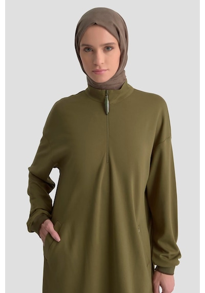 Armine Trend Yarım Fermuarlı Kolları Ribanalı Cepli Örme Tunik Yağ Yeşili 25kt461 Yağ Yeşili