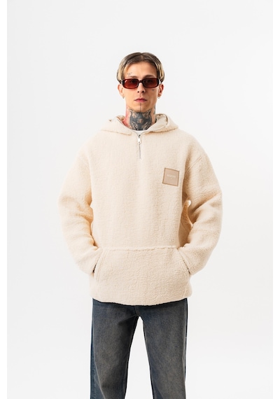 Respire Erkek Yarım Fermuarlı Kapüşonlu Oversize Peluş Hoodie Ekru
