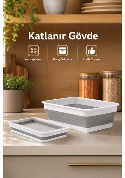 Katlanır Dikdörtgen Badya 4 Litre Pratik Katlanabilir Leğen Beyaz - Gri