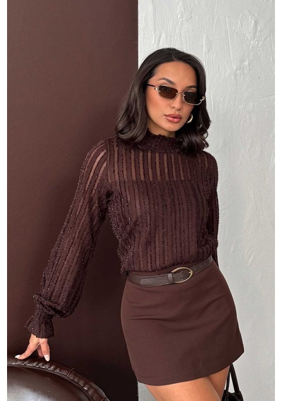 Verymoda Simli Sakallı Bluz F1852 Kahve