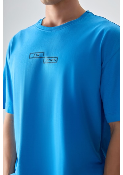 Air Jones Tommy Life Petrol Mavi %100 Pamuk Kalın Yumuşak Dokulu Oversize Fit Baskılı Erkek T-shirt - 88361 Petrol Mavi