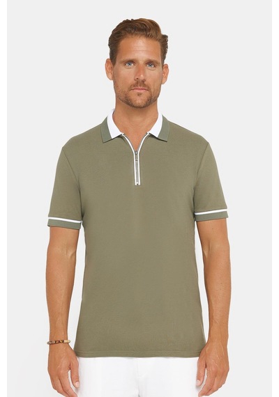 Tudors Erkek Slim Fit Dar Kesim %100 Pamuk Düz Pike Fermuarlı Haki Polo Yaka Tişört-31110 Haki