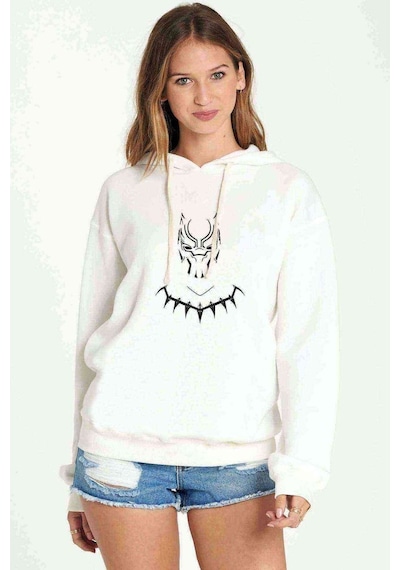 Black Panther 2 Baskılı Beyaz Kadın Kapşonlu Sweatshirt