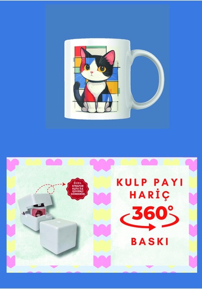 Sevimli Kedi Temalı Özel Tasarımlı Porselen Kupa Bardak çok renkli