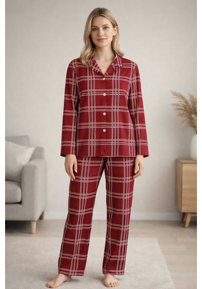 Tenra Kadın Pijama Takımı Licralı Boydan Düğme Bordo
