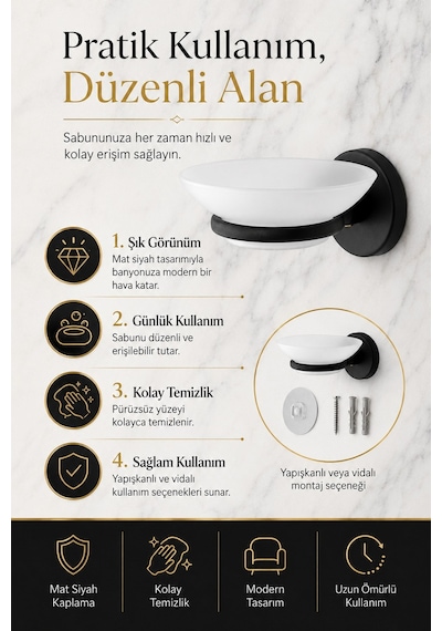 Alper Banyo Lotus Yapışkanlı Mat Siyah Sabunluk, Plastik Tabaklı