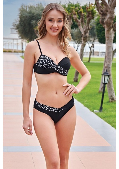 Ruko Maio 24140-1 Siyah Beyaz Desenli Boş Kaplı Omuzdan Ayarlanabilir Askılı Bikini 001