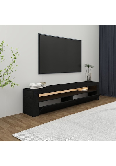 Batı LED Işıklı 2 Kapaklı TV Sehpası – 150 cm – Minimal Tasarım, Ahşap siyah