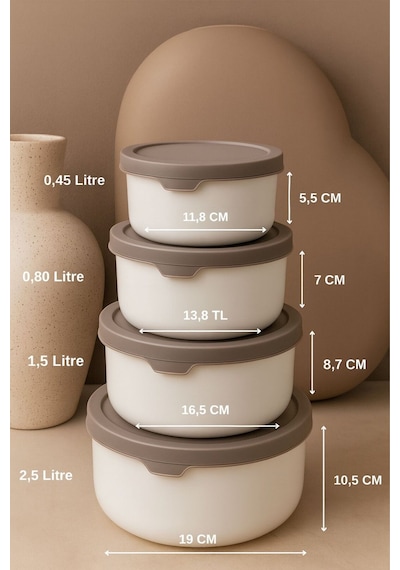 4 Lü Yuvarlak Saklama Kabı Seti 0,45ml -0,8ml-1.5l-2.5l Mikrodalga Ve Dondurucu Uyumlu Bej