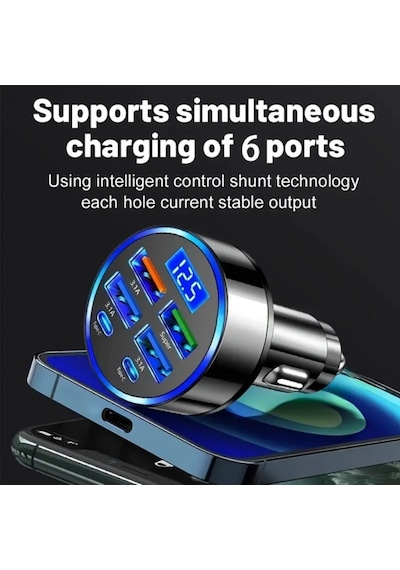 Araç Hızlı Şarj Cihazı Dijital Göstergeli Type-c Usb Hızlı Şarj Aleti 6 Portlu Siyah