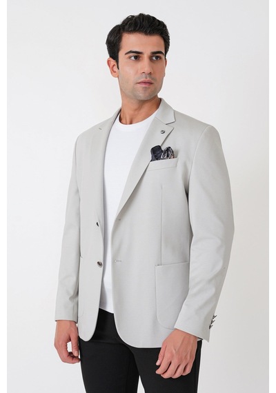 Comfort Fit Çift Yırtmaç Torba Cep Metal Düğmeli Gri Blazer Ceket C 734