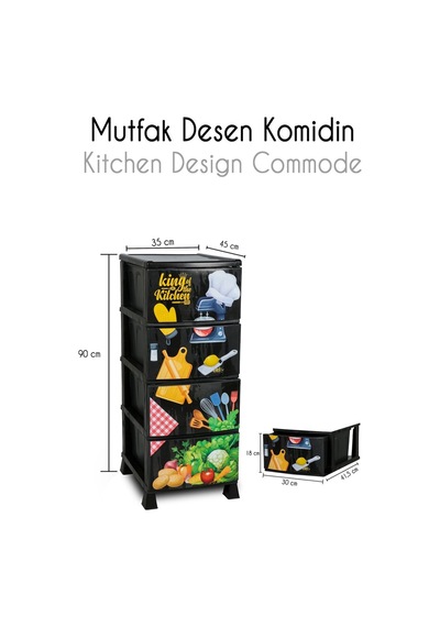4 Katlı Çekmeceli Mutfak Desen Baskılı Desenli Kapaklı Plastik Komidin - Sebzelik - Çekmece Siyah
