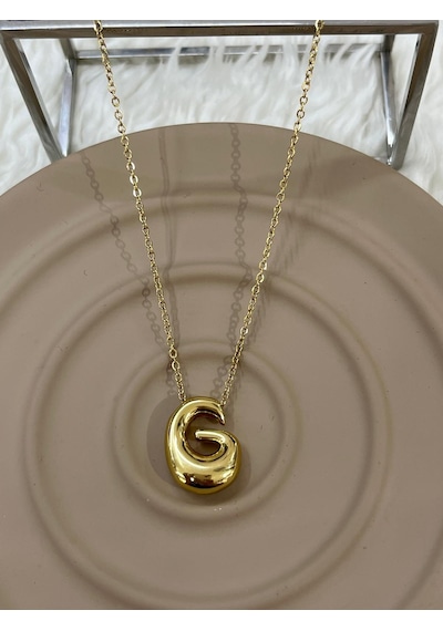 Premium Gold Renk Parlak Taşlı 316l Çelik Gold G Harf Kolye 45cm Altın