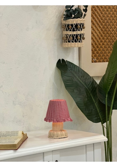 Kırmızı Pötikare Desen Kumaş Rattan Ayaklı Kablosuz Gece Masa Lambası