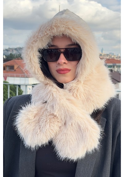 Mollycrush Kadın Bej Suni Kürk Eşarp Atkı Şapka Kışlık Sıcak Tutan Soft Peluş Model Bej