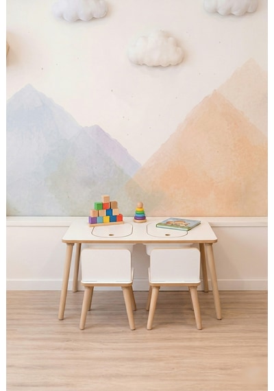 Montessori Çocuk Masası-oyun Masası-aktivite Masası-çalışma Masası-etkinlik Masası 2 Sandalye Beyaz