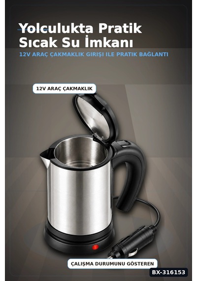 Araç İçi Su Isıtıcı Kettle 12v Çakmaklık Girişli Paslanmaz Çelik Termos Bardak Bx-316153