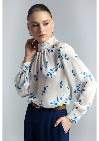 Çiçek Desenli Bluz - İndigo-137274