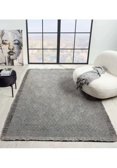 Carpetrium Antique Prm Grey - Dört Tarafı Saçaklı Pamuklu Yıkanabilir Kilim