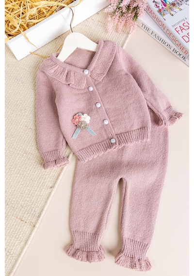 Babymod Triko Yumuşak Dokulu 2'li Çiçek Nakışlı Hırkalı Kız Bebektakım Pembe