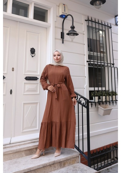 Nevayla Moda Lara Kumaş Bağlamalı Elbise - Taba / E0124 Taba