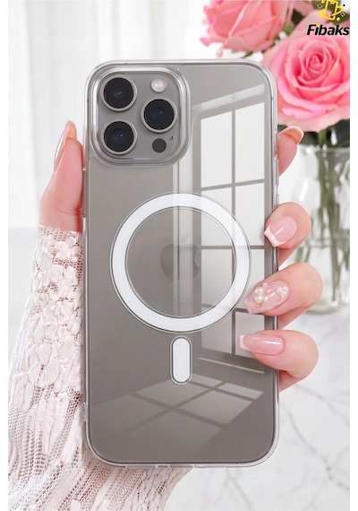 Fibaks iPhone 16 Pro Max Uyumlu Kılıf Magsafe Wireless Kablosuz Şarj Destekli Sert Şeffaf Darbe Emici Kapak