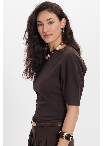 Tudors Kadın Oversize Geniş Kesim Pamuk Bisiklet Yaka Yarasa Kol Kahverengi Tişört-50688 L