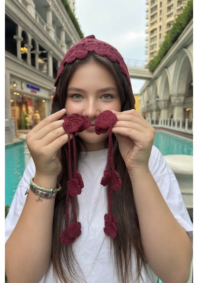 Mollycrush Yazlık Örgü Saç Bandı Bordo Çiçek Motifli Model Yazlık Şık Hair Band Bordo