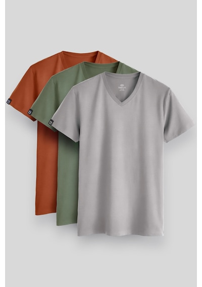 Standart Fit Basic V Yaka 3lü Paket Taş-tarçın-kaktüs Erkek T-shirt - 87912 Tarçın