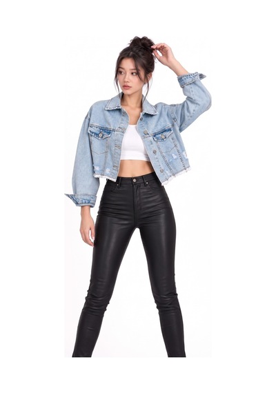 Saade Mavi Sırt Yırtık Detaylı Püsküllü Crop Denim Ceket